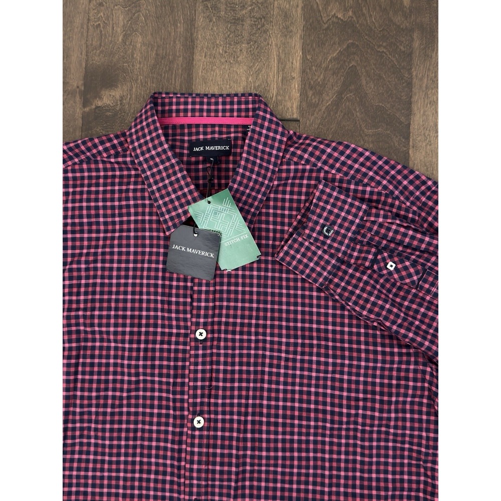 NWT Jack Maverick Mens Button Down Dark Pink Plaid Check Cotton Shirt Size XL